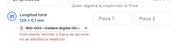 Con INS-003 elegido, el aviso de que la medición no se admitirá.