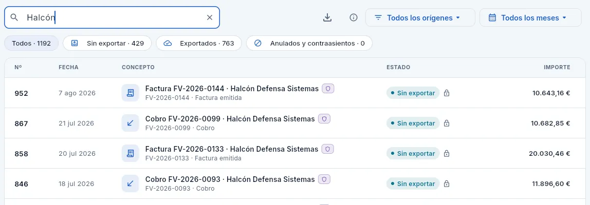 El diario de Javier (Dirección): ve los asientos de un cliente de defensa, pero no puede contabilizar.