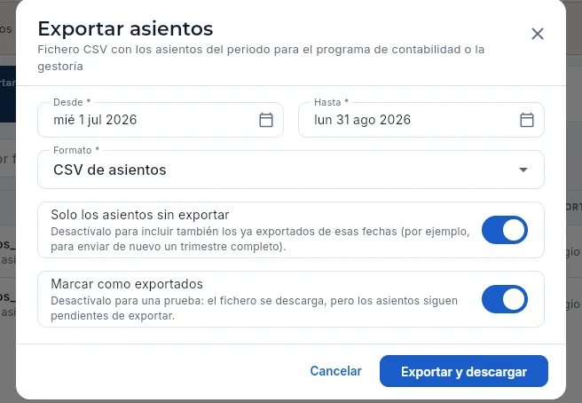 Exportar asientos (no se exporta).