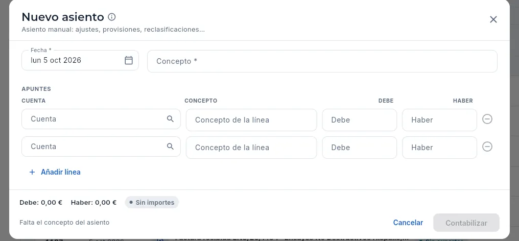 Nuevo asiento manual (no se contabiliza).