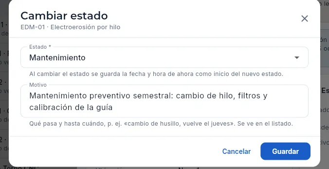 Cambiar estado de la electroerosión EDM-01, en mantenimiento.
