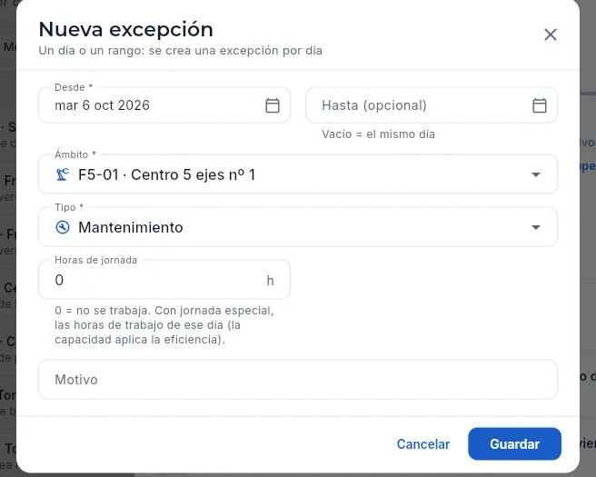Nueva excepción del calendario, ya con la máquina como ámbito.