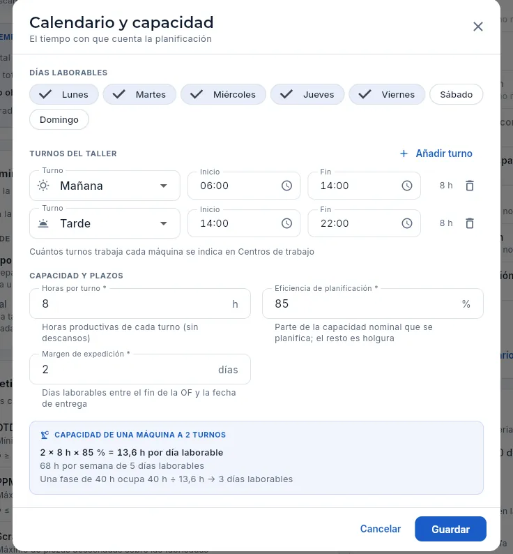 Editar el calendario y la capacidad de la empresa.