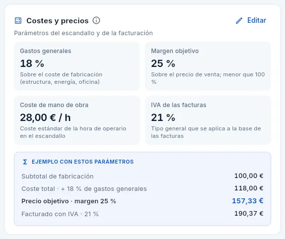 La tarjeta «Costes y precios», con un ejemplo que se recalcula con los valores de la empresa.