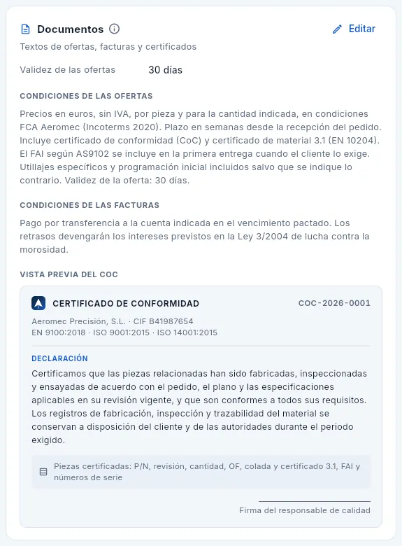 La tarjeta «Documentos»: validez y condiciones de las ofertas, condiciones de las facturas y la declaración del CoC.