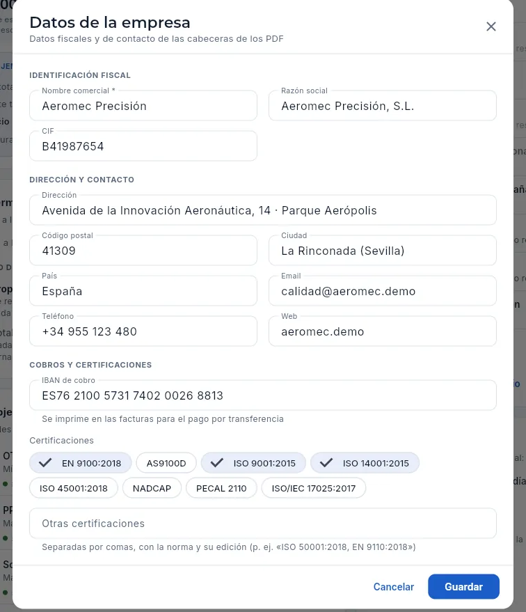 El formulario con los datos de la empresa.