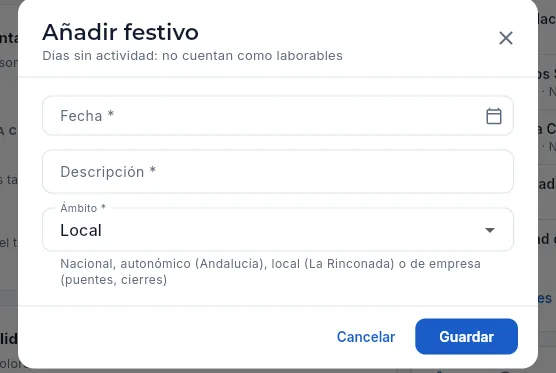 Añadir festivo: fecha, descripción y ámbito.