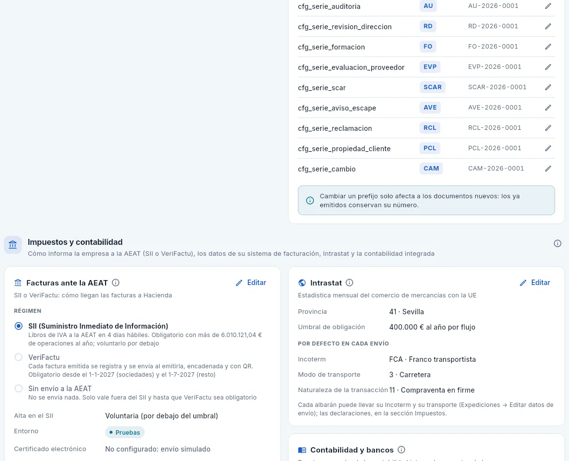 El bloque «Impuestos y contabilidad»: AEAT y sistema de facturación a la izquierda; Intrastat y contabilidad a la derecha.