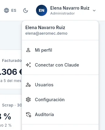 Configuración se abre desde el menú de tu usuario.
