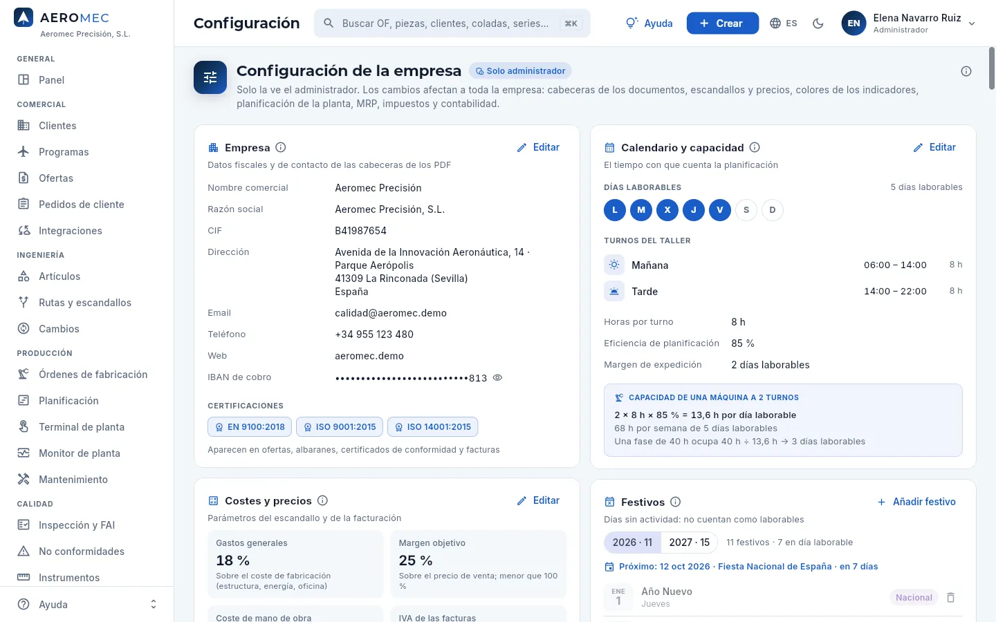 Configuración de la empresa: la cabecera y las primeras tarjetas, Empresa y Calendario y capacidad.