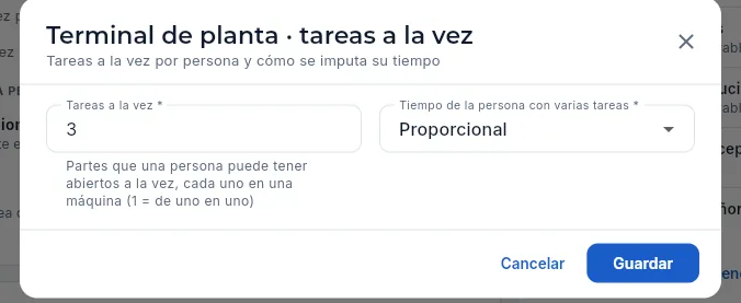 El formulario de la terminal de planta.