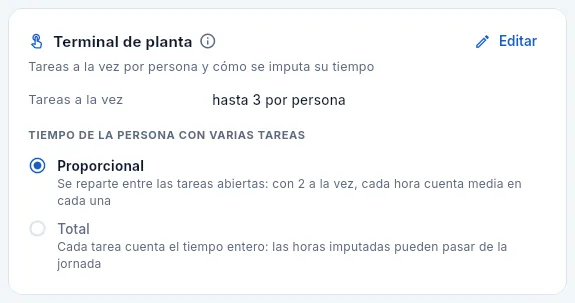 La tarjeta «Terminal de planta».