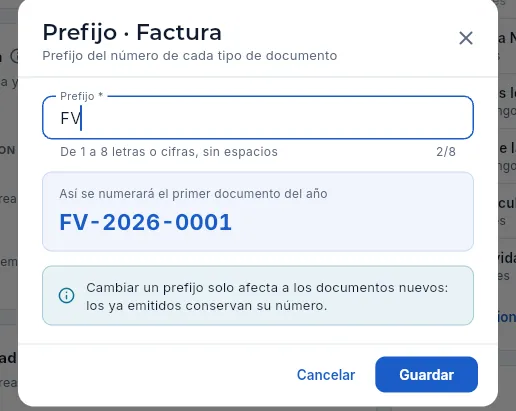 Cambiar el prefijo de las facturas.