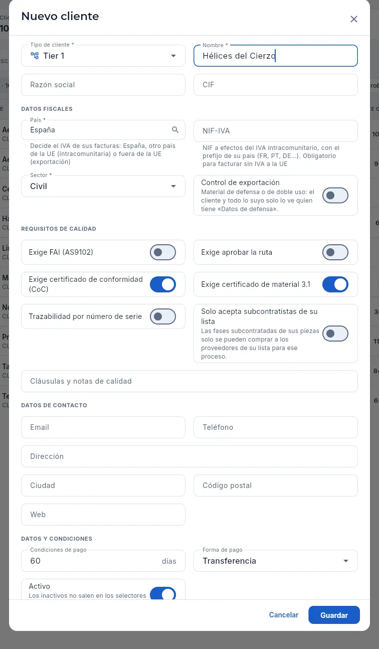 El formulario «Nuevo cliente» (no se guarda).