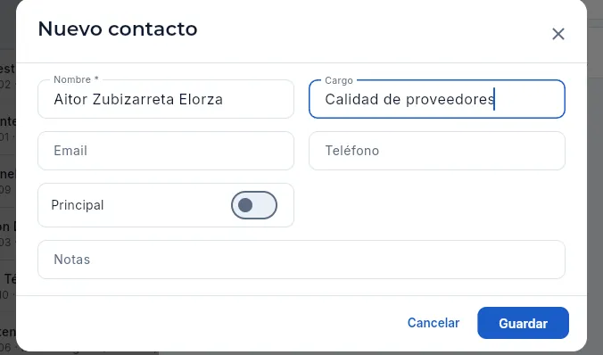 Alta de un contacto (no se guarda).