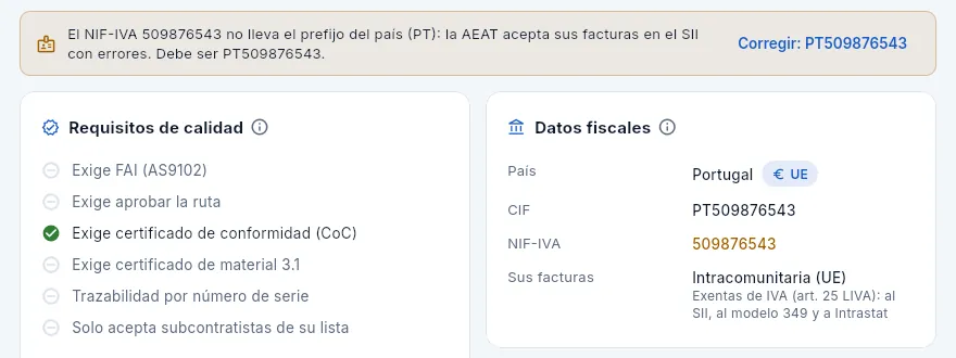 Linha Técnica MRO (Lisboa): su NIF-IVA no lleva el prefijo de Portugal.