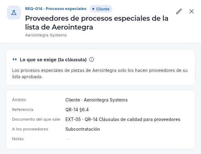 La ficha de un requisito del cliente: REQ-014, que se transmite a las subcontrataciones.
