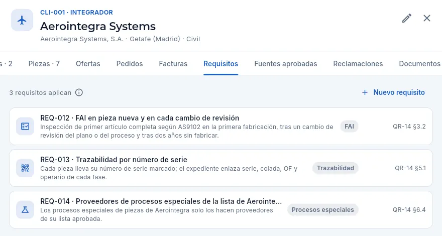 La pestaña «Requisitos» de Aerointegra Systems: tres cláusulas de su QR-14.