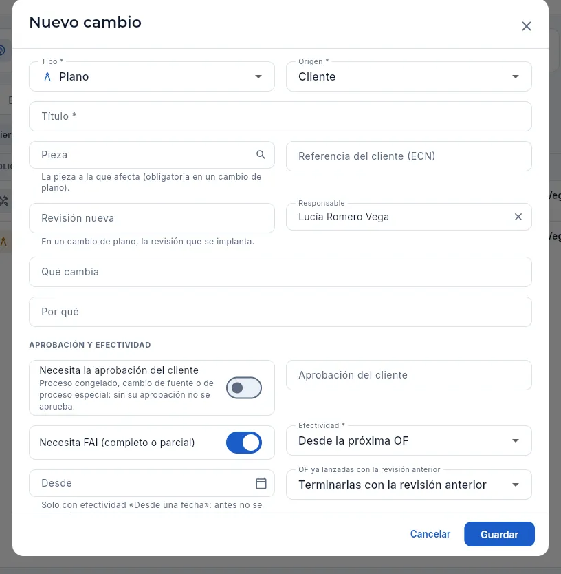 Nuevo cambio (sin guardar).