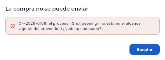 Al pulsar «Enviar al proveedor»: la compra no se puede enviar.
