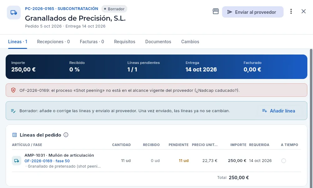 La PC-2026-0165 a Granallados de Precisión, en borrador: su Nadcap de granallado ha caducado.