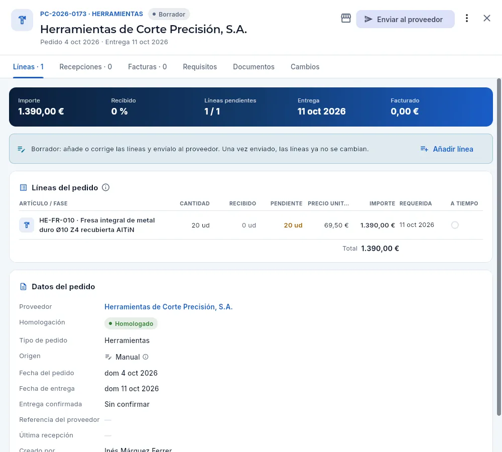 La ficha de un pedido en borrador.