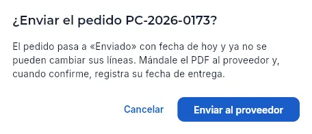 Enviar el borrador al proveedor (sin confirmar).