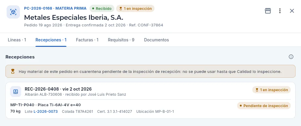 La recepción en inspección vista por Inés (Compras).
