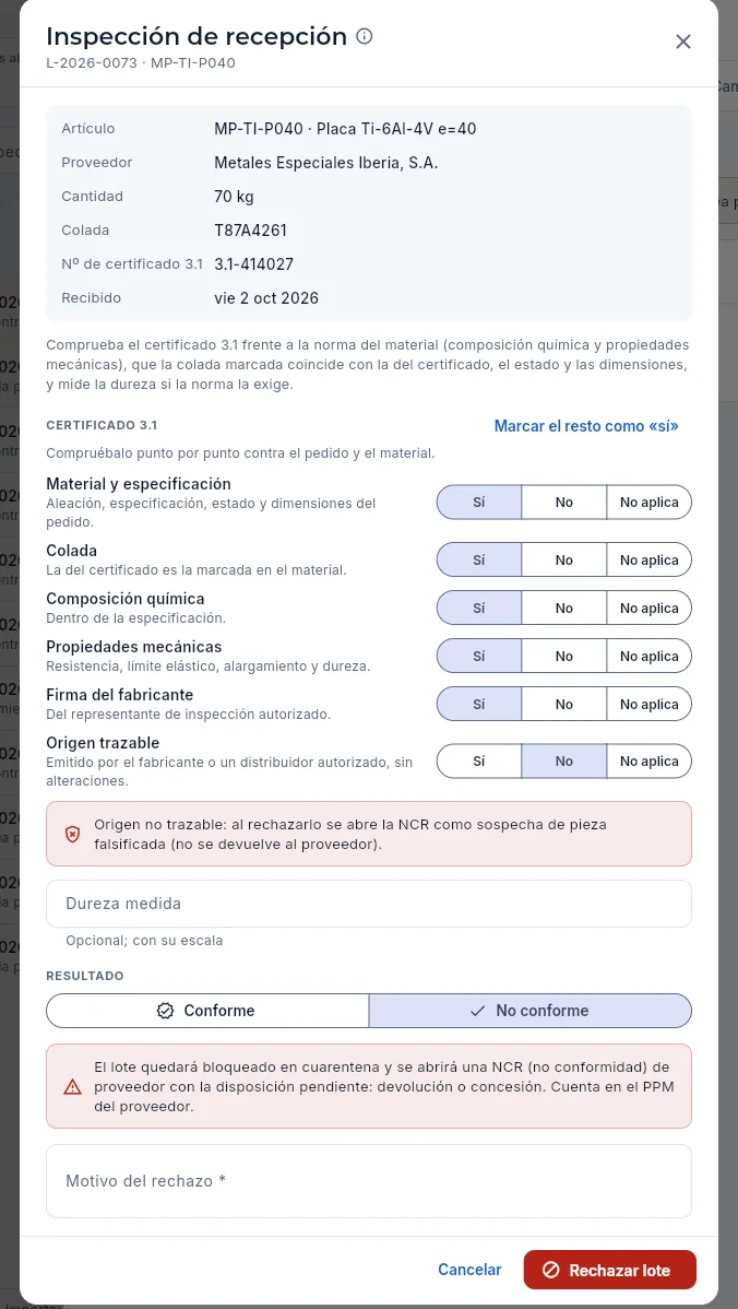Con el origen del certificado en «No»: sospecha de falsificación (sin guardar).
