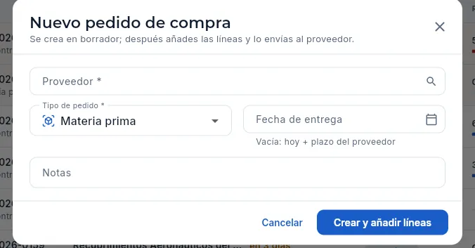 Alta de un pedido: se crea en borrador.