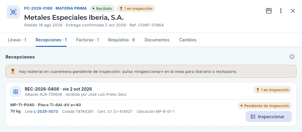 La recepción de una placa de titanio, en cuarentena a la espera de su inspección.