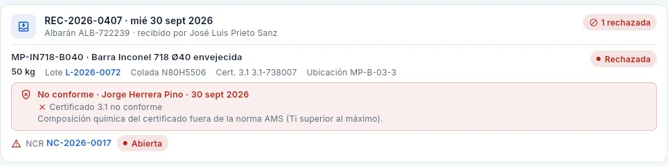 Una recepción rechazada: la barra de Inconel 718 y su NCR.