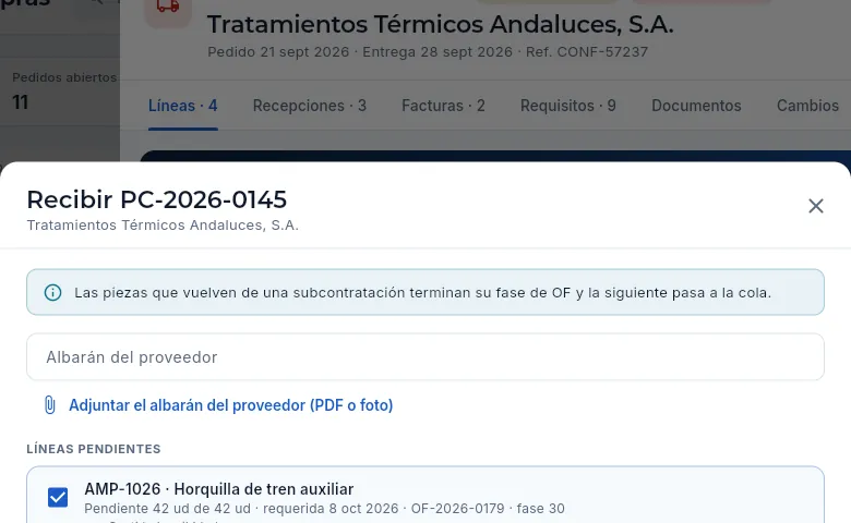 Recibir piezas que vuelven de una subcontratación (sin registrar).