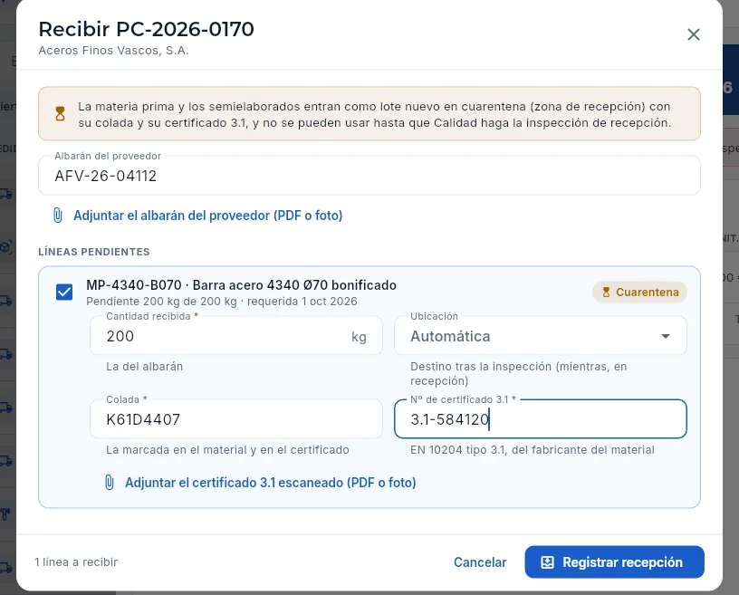 Recepción de una barra de acero 4340 con su colada y su certificado 3.1 (sin registrar).