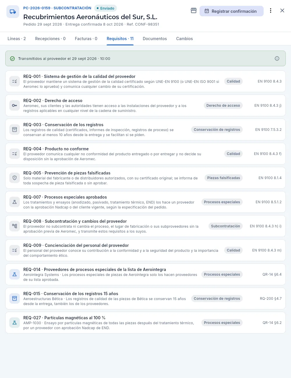 La pestaña «Requisitos» de una subcontratación enviada: lo que se le transmitió al proveedor.