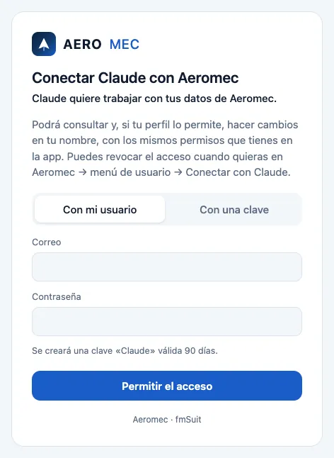 La página de Aeromec que abre Claude al pulsar «Conectar»: con tu usuario…