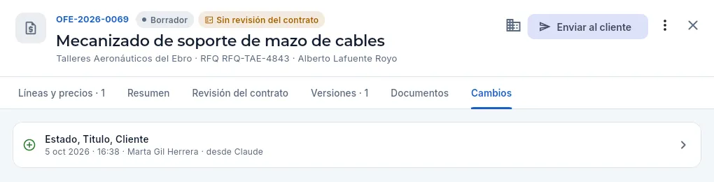 La pestaña «Cambios» de la oferta que Marta creó desde Claude.