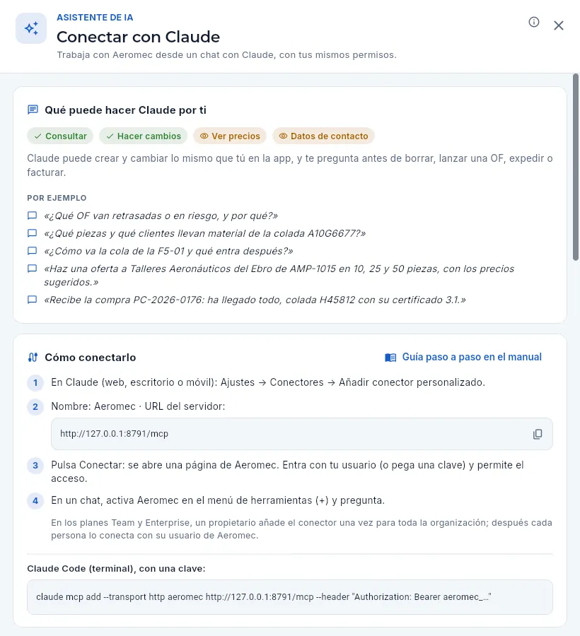 El panel «Conectar con Claude» de Marta, del perfil Comercial.