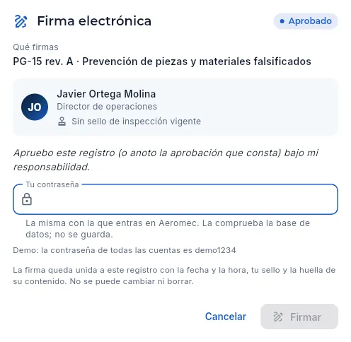 Javier aprueba PG-15 rev. A: la firma electrónica (sin firmar).