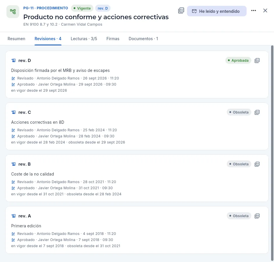PG-11 → Revisiones: la D vigente y las anteriores, obsoletas.