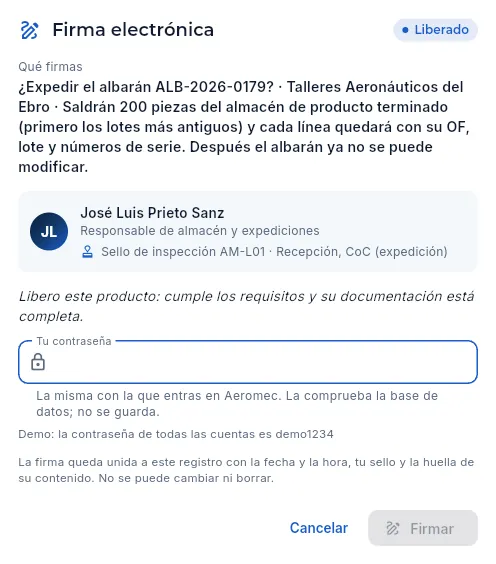 Expedir un albarán: la firma de José Luis (Almacén) con su sello de expediciones, sin firmar.