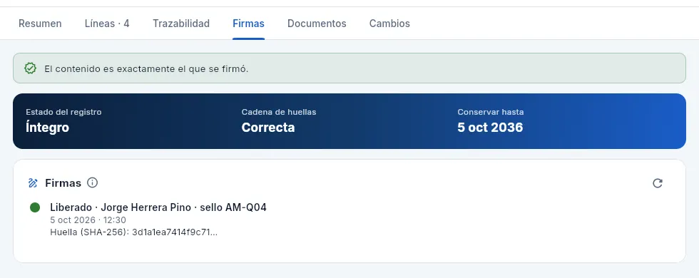 La pestaña «Firmas» de un albarán expedido: la liberación firmada con el sello de quien expidió.