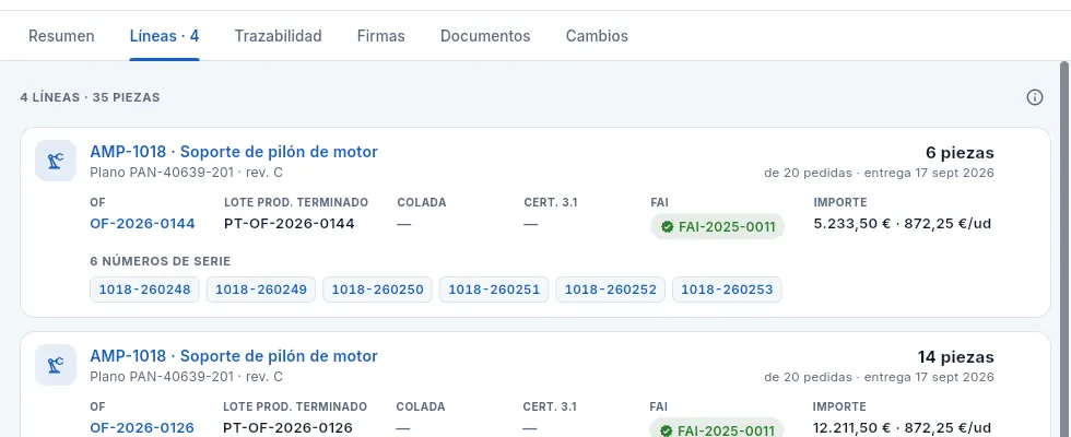 La pestaña «Líneas» de un albarán expedido: cada línea con su OF, su lote, sus coladas, sus certificados y sus series.