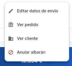 El menú ⋮ de un albarán en preparación.