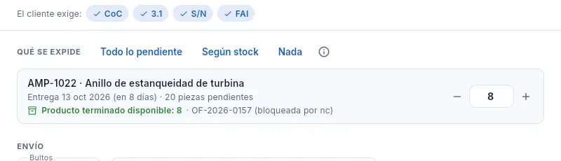 Con «Según stock», cada entrega toma solo el producto terminado que hay.
