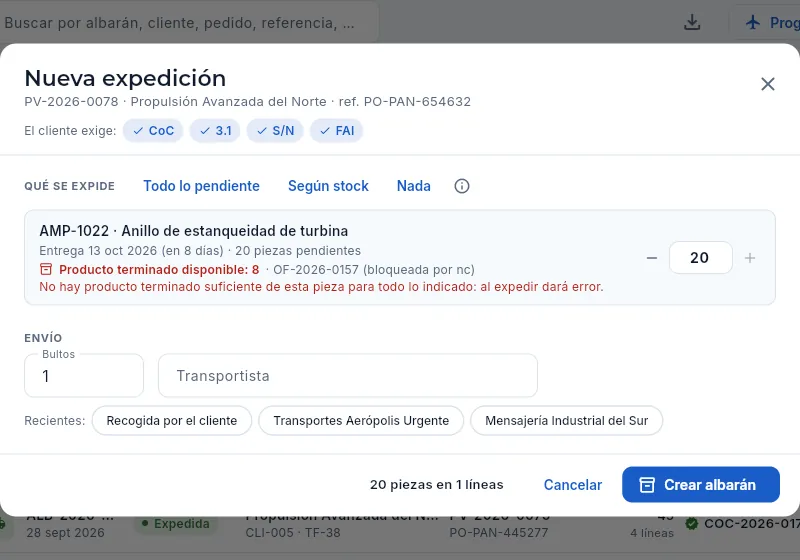 Preparar el albarán de un pedido de Propulsión Avanzada del Norte (sin crearlo): una línea no tiene producto terminado suficiente.