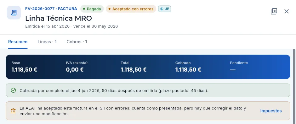 Una entrega intracomunitaria a Linha Técnica MRO (Portugal) que la AEAT aceptó con errores.