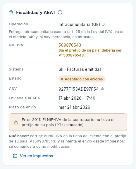 La tarjeta «Fiscalidad y AEAT» de esa factura.