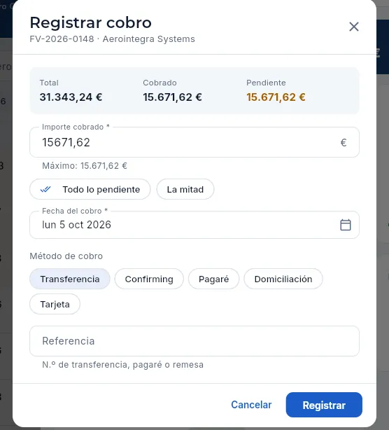 Registrar cobro: el importe propone lo pendiente y no deja pasarse.