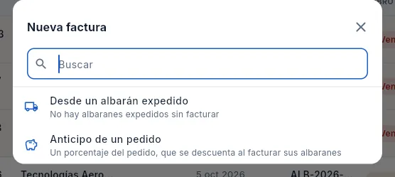 Nueva factura: desde un albarán o un anticipo.